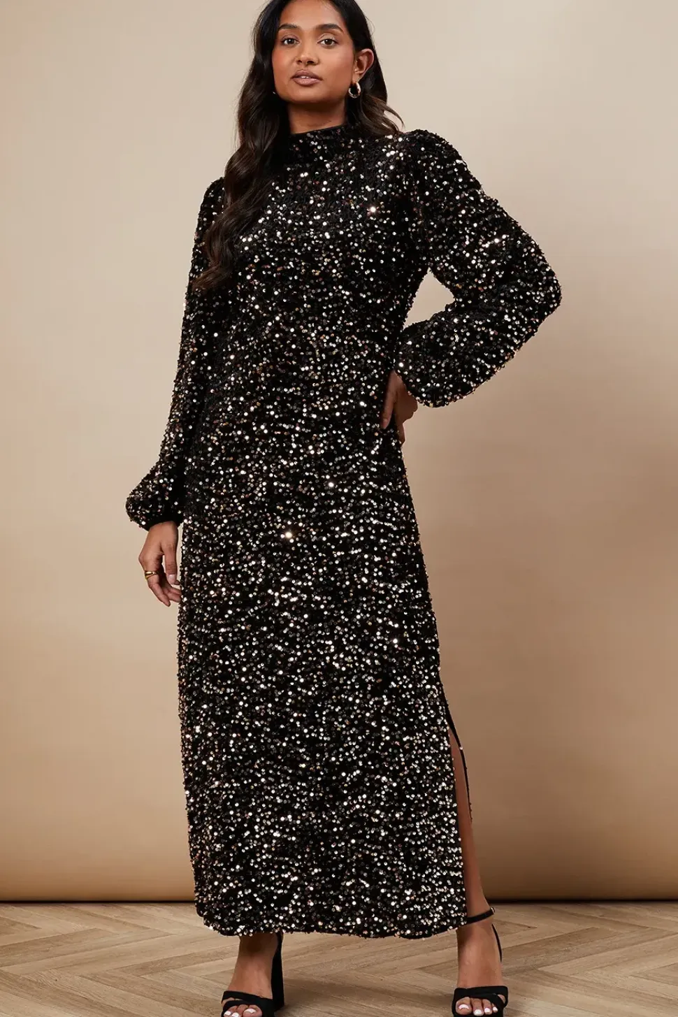 Occasion Velvet Sequin High Neck Midi Dress