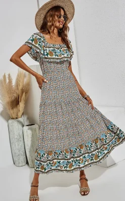 Off Shoulder Hem Detail Floral Print Midi Dress In Beige