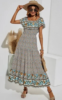 Off Shoulder Hem Detail Floral Print Midi Dress In Beige