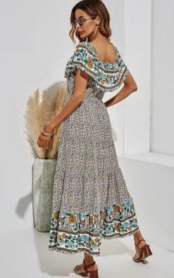 Off Shoulder Hem Detail Floral Print Midi Dress In Beige