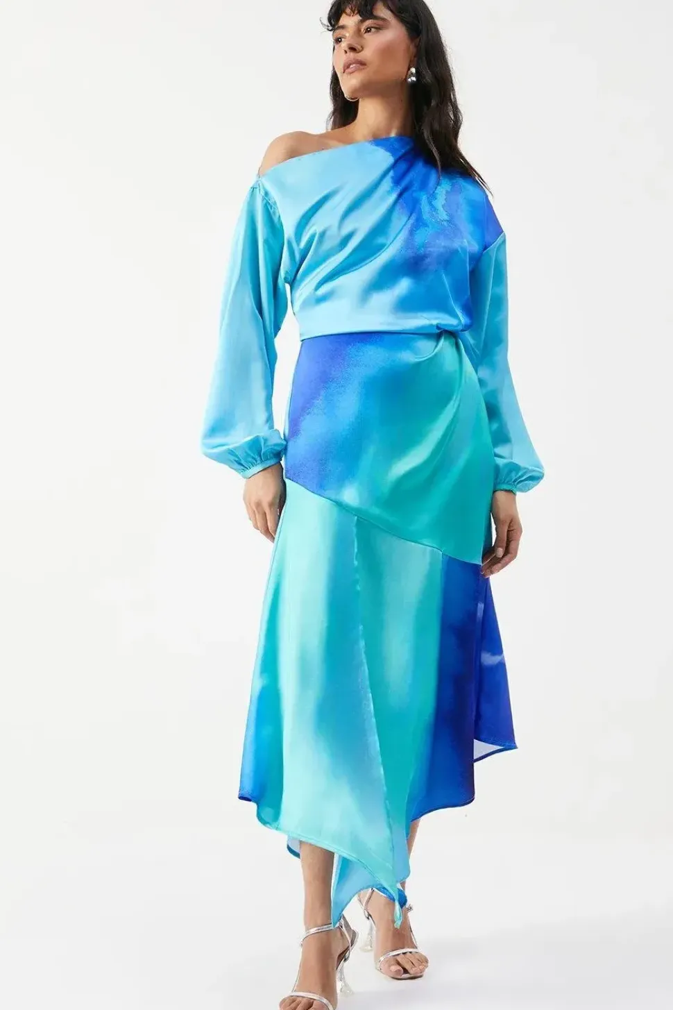 Off Shoulder Satin Ombre Midi Dress