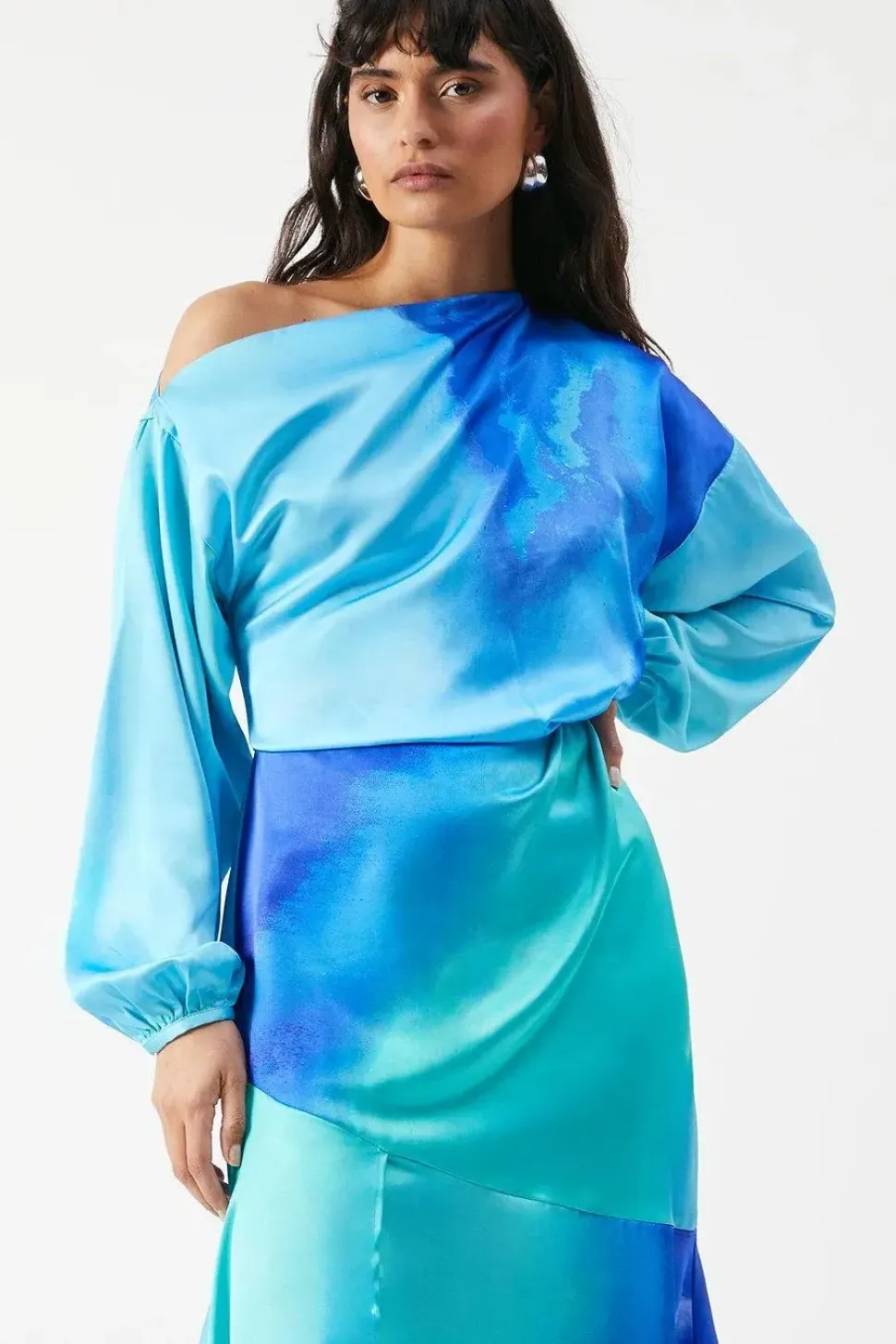 Off Shoulder Satin Ombre Midi Dress
