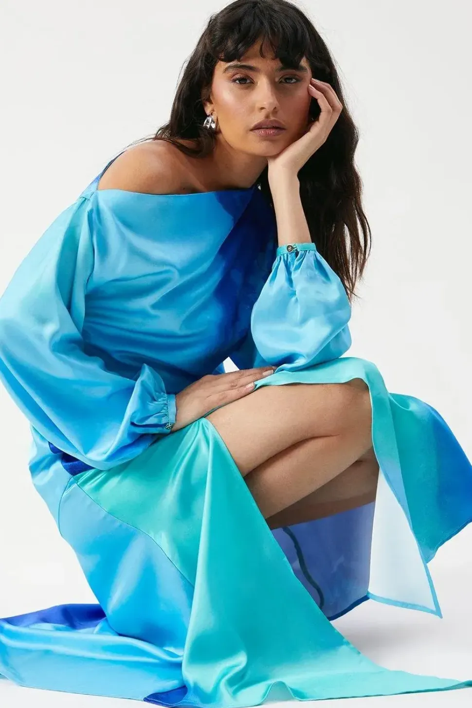 Off Shoulder Satin Ombre Midi Dress