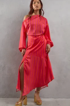 Off Shoulder Satin Stripe Midi Dress