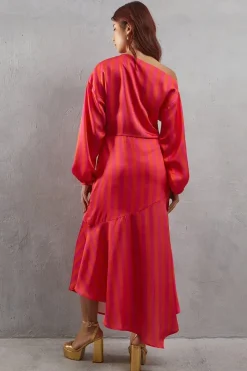 Off Shoulder Satin Stripe Midi Dress