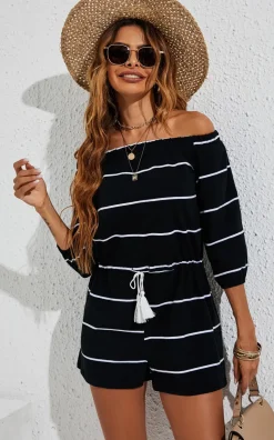 Off Shoulder White Stripe Playsuit In Black