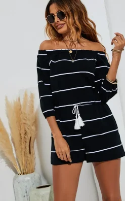 Off Shoulder White Stripe Playsuit In Black