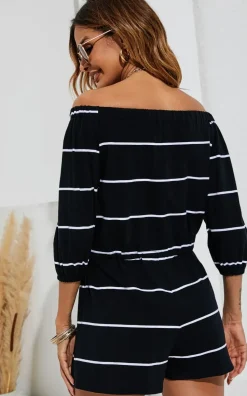 Off Shoulder White Stripe Playsuit In Black