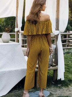 Off The Shoulder Frill Jumpsuit In Mustard Yellow Polka Dot