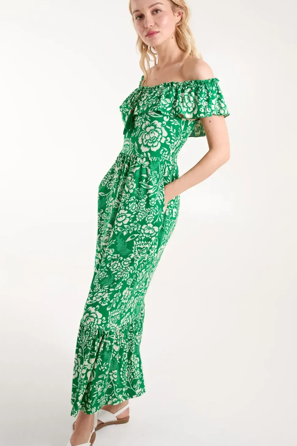 Off The Shoulder Hanky Hem Maxi Dress
