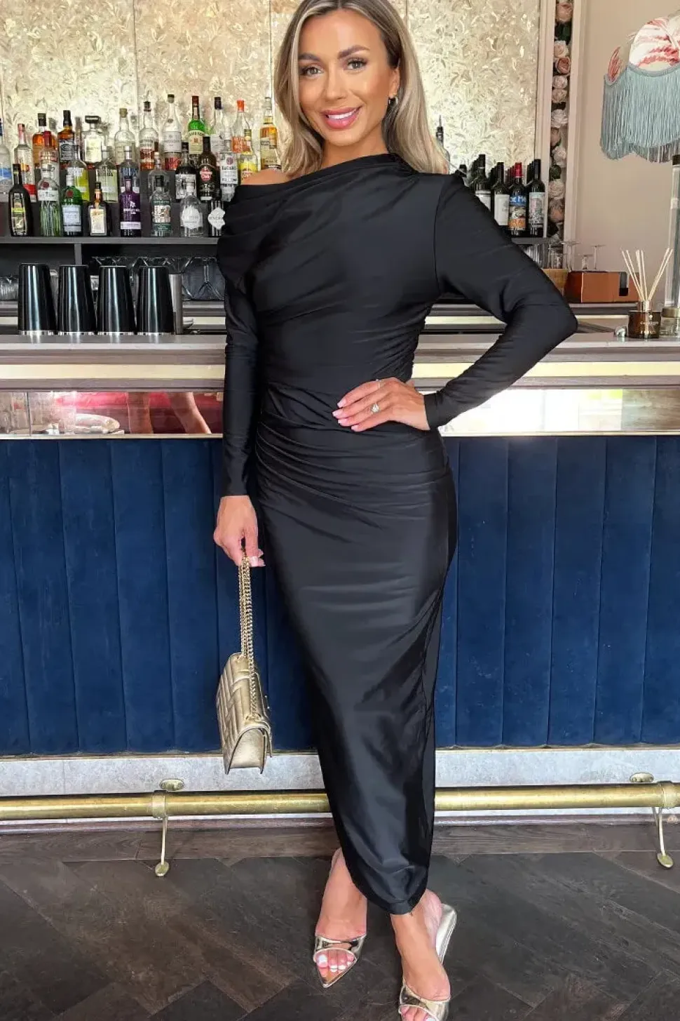 Off The Shoulder Long Sleeve Draped Midi Dress