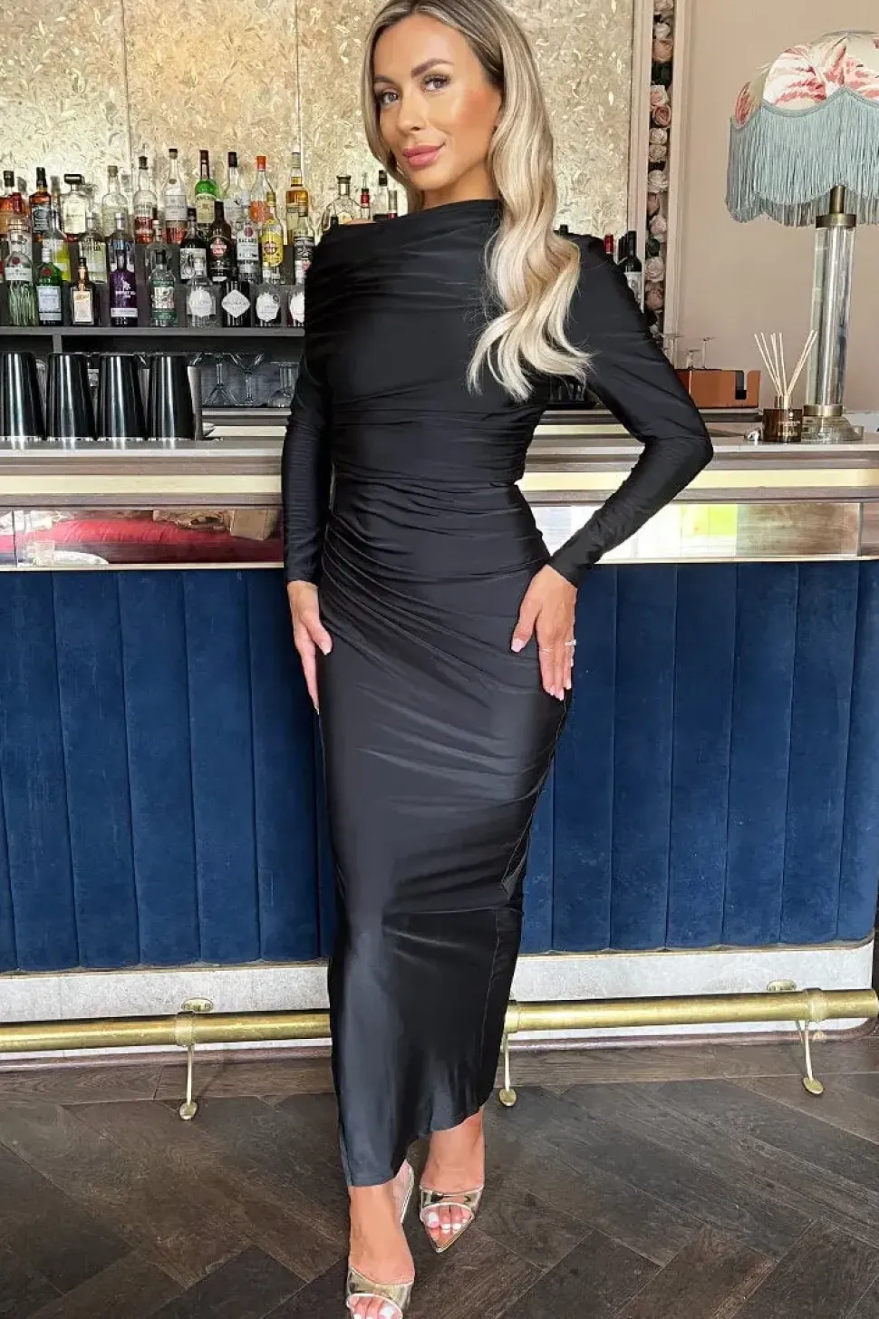 Off The Shoulder Long Sleeve Draped Midi Dress