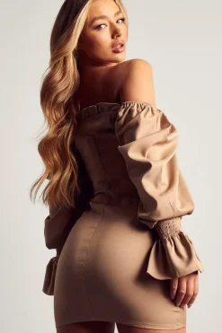 Off the Shoulder Puff Sleeve Ruched Mini Dress