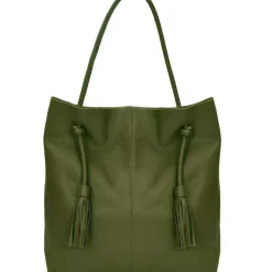 Olive Green Drawcord Leather Hobo Shoulder Bag