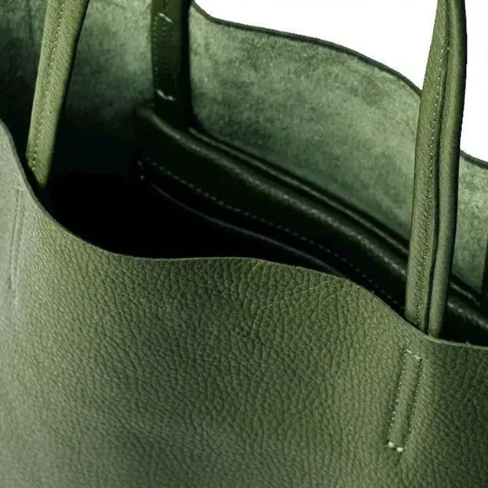 Olive Pebbled Leather Tote Shopper | BAIRI