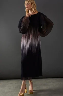 Ombre Plisse Batwing Midi Dress