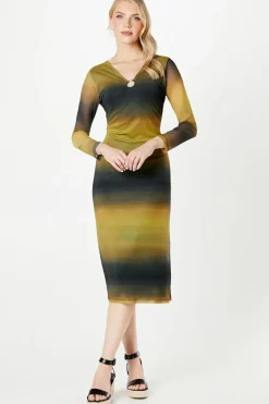 Ombre Print Ring Detail Mesh Midi Dress