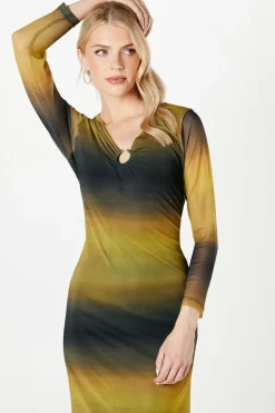 Ombre Print Ring Detail Mesh Midi Dress