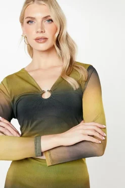Ombre Print Ring Detail Mesh Midi Dress