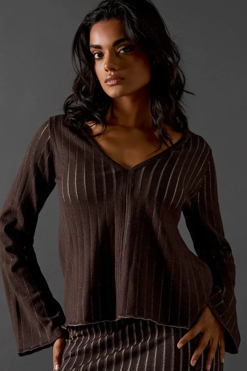 Ombre Ribbed Flare Sleeve Knitted Top Co Ord