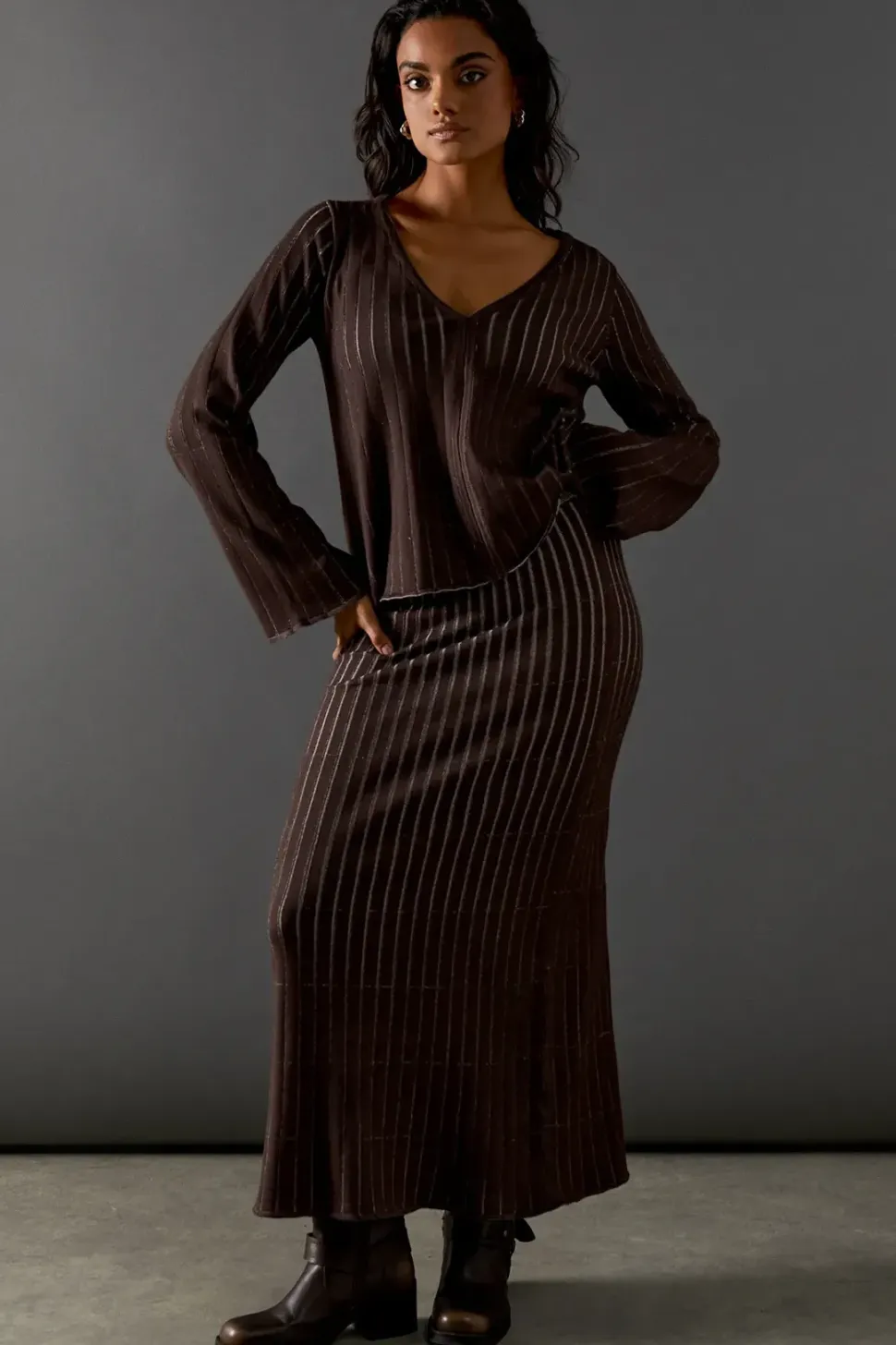 Ombre Ribbed Flare Sleeve Knitted Top Co Ord