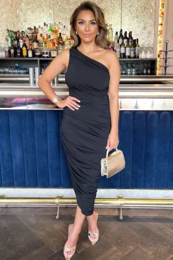 One Shoulder Asymmetric Hem Ruched Midi Dress