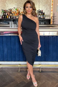 One Shoulder Asymmetric Hem Ruched Midi Dress