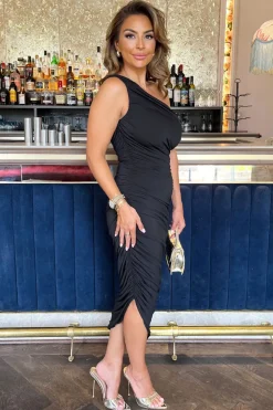 One Shoulder Asymmetric Hem Ruched Midi Dress
