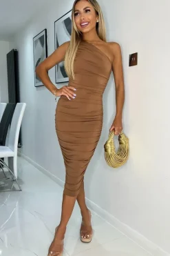 One Shoulder Bodycon Ruched Midi Dress