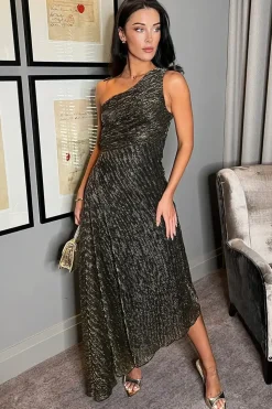 One Shoulder Cut Out Detail Plisse Midi Dress