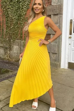 One Shoulder Cut Out Pleated Midi Dress