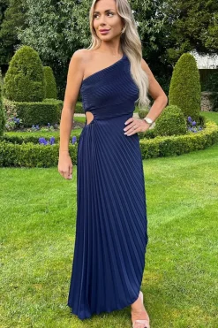 One Shoulder Cut Out Pleated Midi Dress