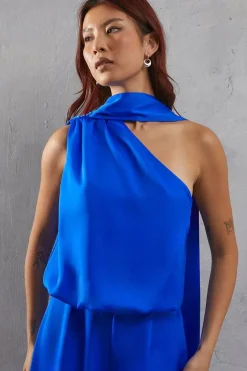 One Shoulder Drop Waist Satin Wide Leg Jumpsuit