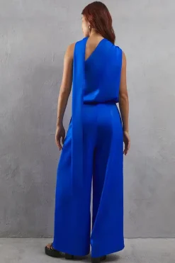 One Shoulder Drop Waist Satin Wide Leg Jumpsuit