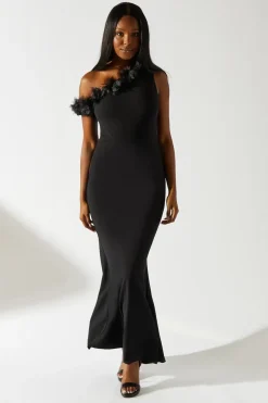 One Shoulder Floral Trim Black Tie Maxi Dress