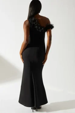 One Shoulder Floral Trim Black Tie Maxi Dress