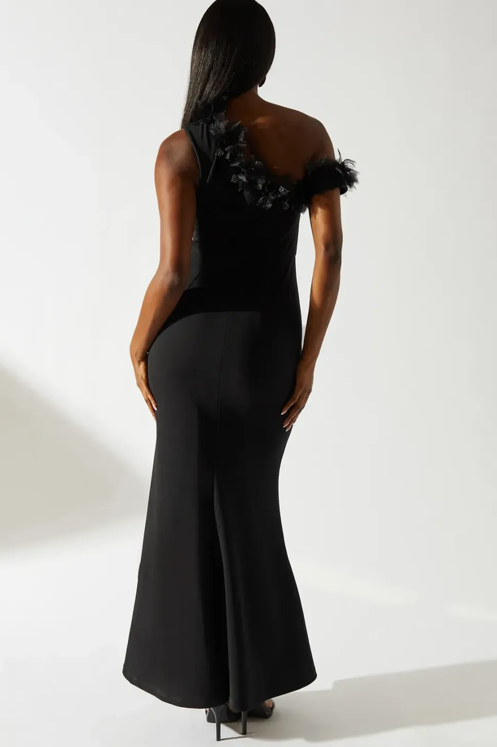 One Shoulder Floral Trim Black Tie Maxi Dress