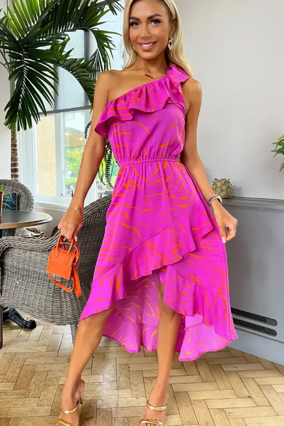 One Shoulder Frill Detail Dipped Hem Dress