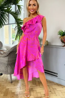 One Shoulder Frill Detail Dipped Hem Dress