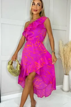 One Shoulder Frill Detail Dipped Hem Dress