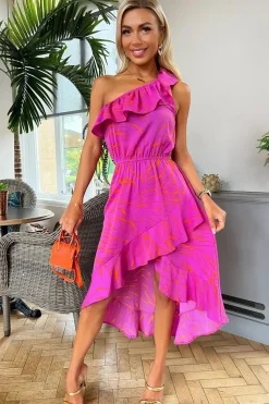 One Shoulder Frill Detail Dipped Hem Dress