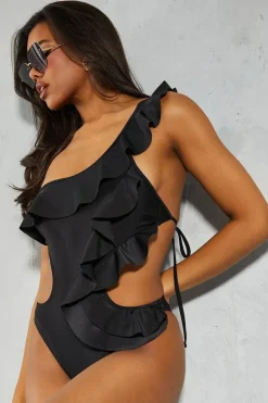 One Shoulder Frill Tie Back Swimsuit