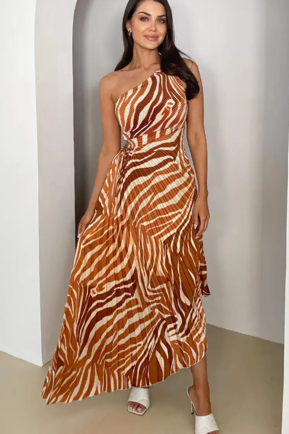One Shoulder Pleated Midi Dress
