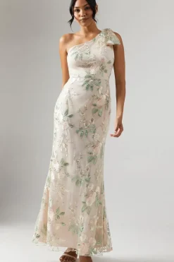 One Shoulder Rose Embroidered Bridesmaid Dress