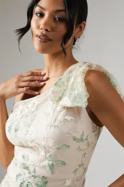 One Shoulder Rose Embroidered Bridesmaid Dress