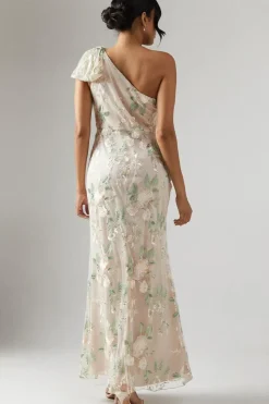 One Shoulder Rose Embroidered Bridesmaid Dress