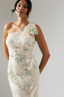 One Shoulder Rose Embroidered Bridesmaid Dress