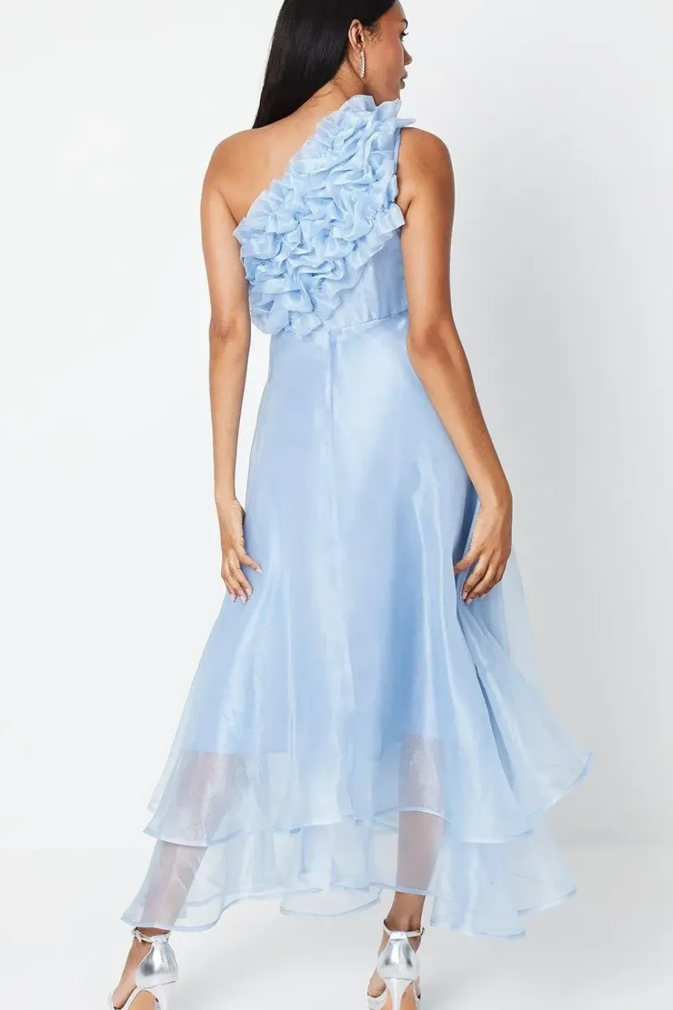 One Shoulder Ruffle Bodice Midi Dress