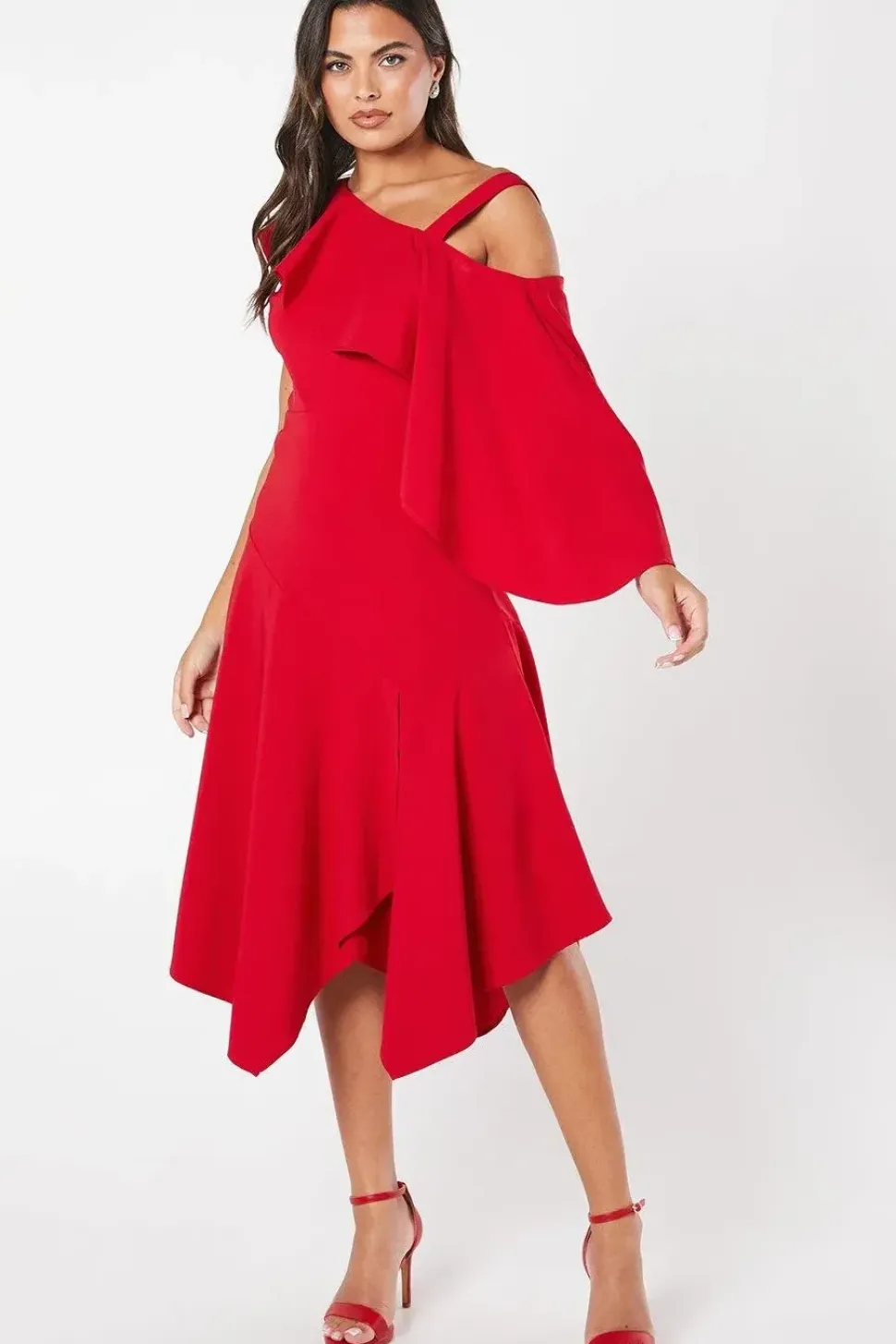 One Shoulder Ruffle Crepe Midi Dress