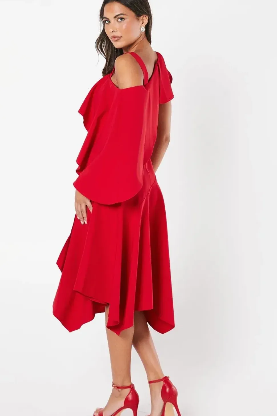 One Shoulder Ruffle Crepe Midi Dress